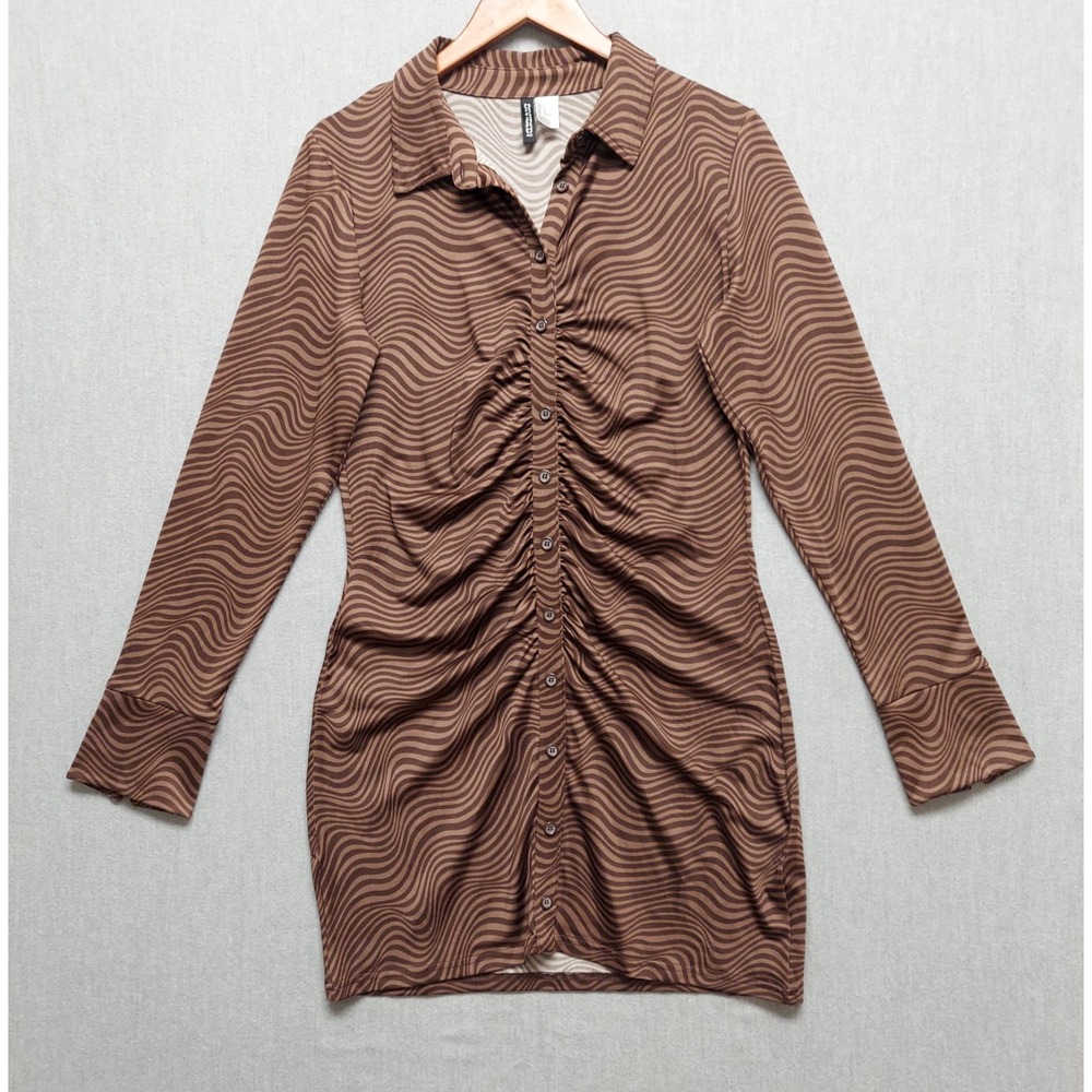 Womens Brown Swirl Mini Dress Ruched Button Front Y2K 70s Mod Psychedelic L